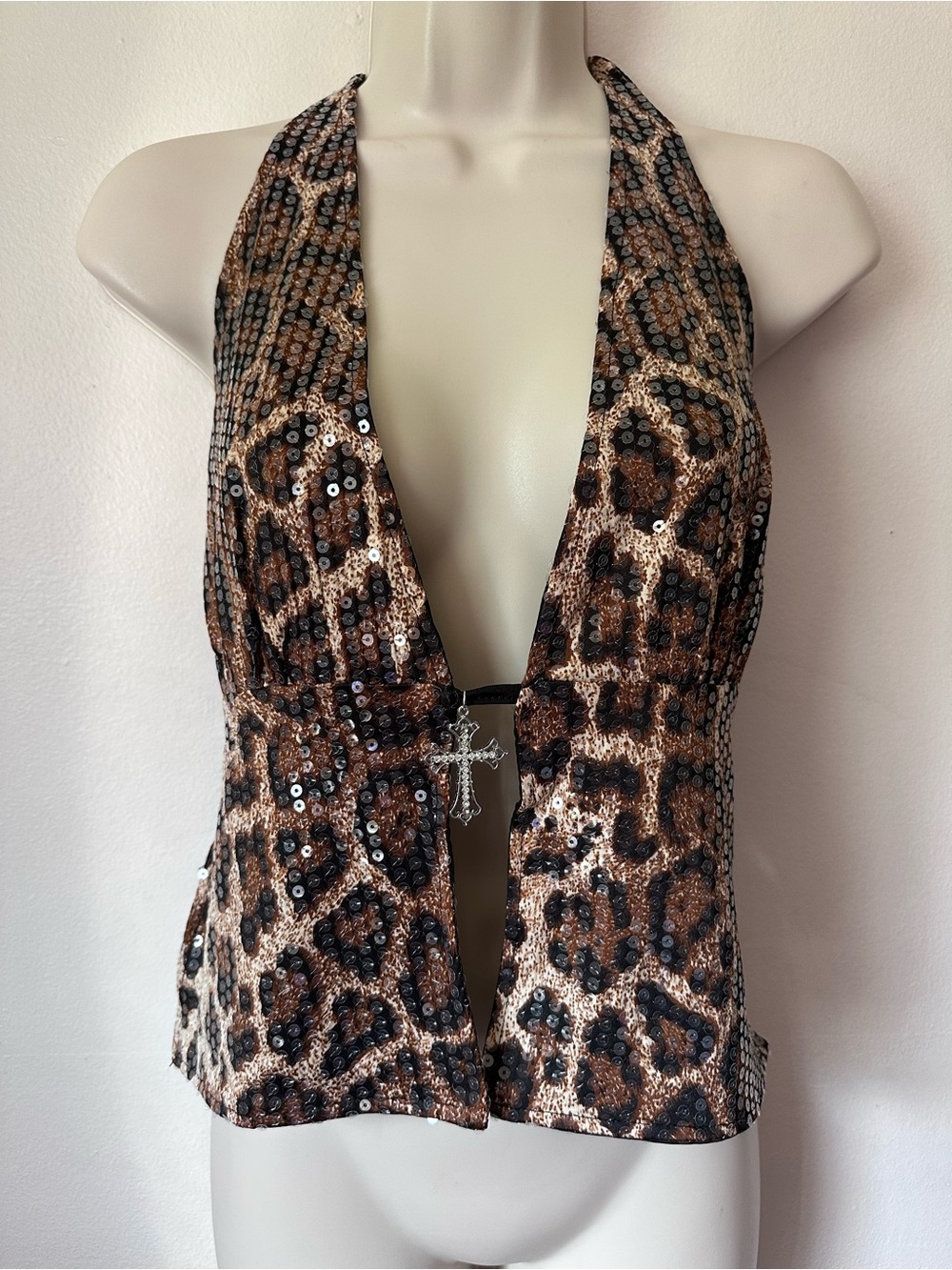 Sequined Leopard Halter Top - Brown